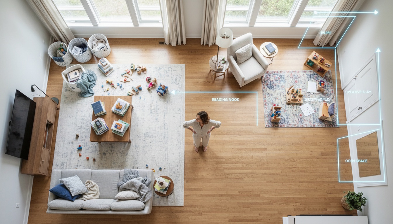 Overhead view of an organized living space with zones